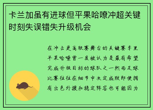 卡兰加虽有进球但平果哈嘹冲超关键时刻失误错失升级机会