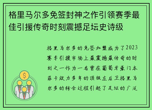 格里马尔多免签封神之作引领赛季最佳引援传奇时刻震撼足坛史诗级